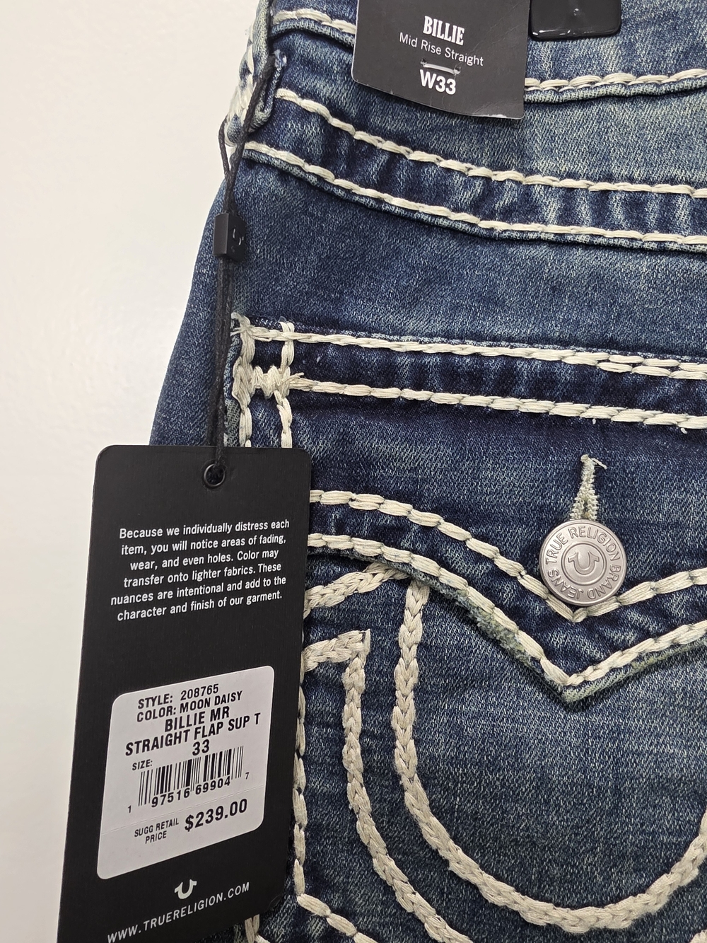 True Religion Billie Straight Jeans in Moon Daisy Blue with Cream Stitching